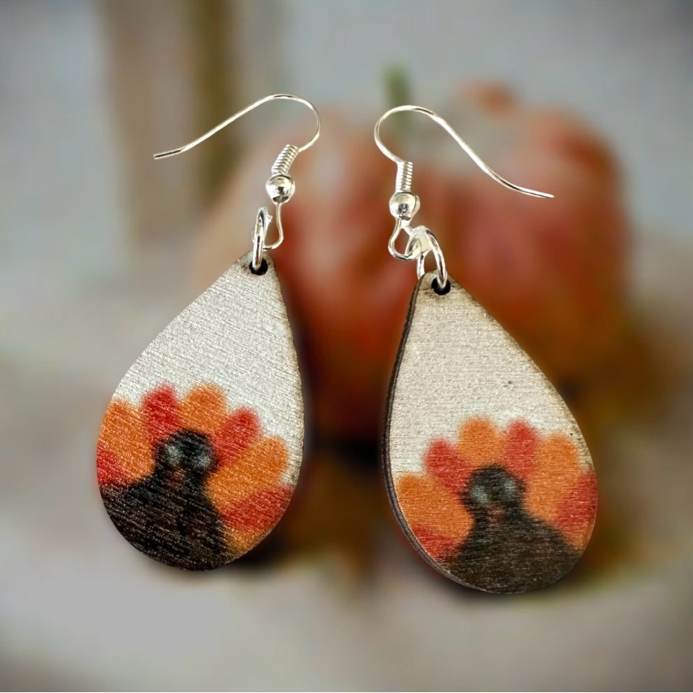 ⭐️ 5 for $25 Wood Festive Thanksgiving Turkey Hoop Earrings